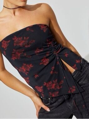 Garage Black Strapless Floral Side-Ruched Cami with Red Rose Print